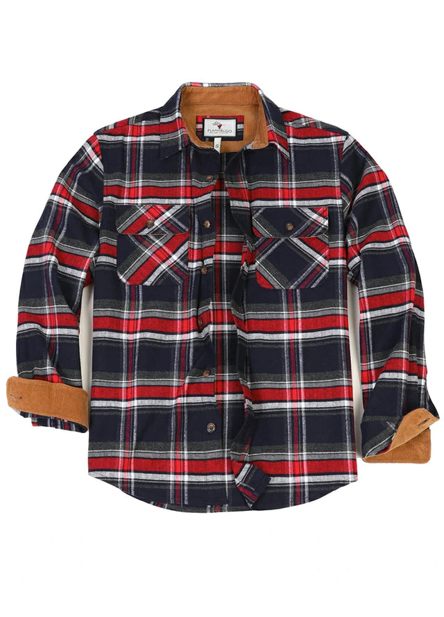 Front view of navy red men's timberline midweight flannel shirt 