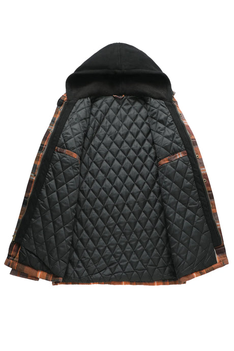 Front view of the lining of brown men's thick quilted lined flannel jacket