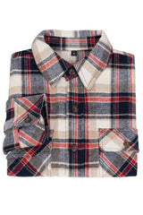 A high view of red blue plaid men's stalwart heavyweight flannel plaid shirt