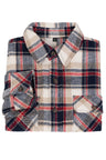 A high view of red blue plaid men's stalwart heavyweight flannel plaid shirt