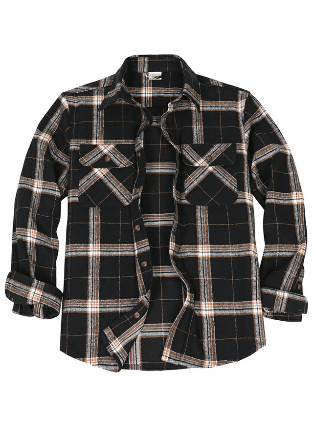 Front view of dark chocolate men's stalwart heavyweight flannel plaid shirt