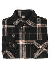 A high view of a folded dark chocolate men's stalwart heavyweight cotton plaid shirt