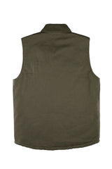 Back view of army green men's quilted lined washed outdoor vest