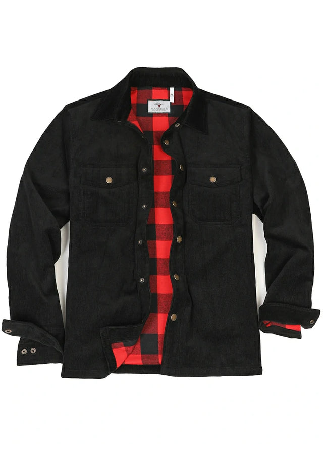 Front view of men's black flannel lined corduroy shirt jacket