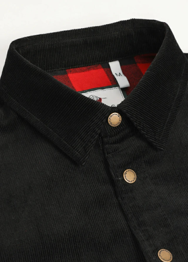 Close-up of collar on black men's charcoa corduroy shirt jacket