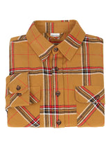 A high view of a folded sunset plaid men's stalwart heavyweight cotton plaid shirt