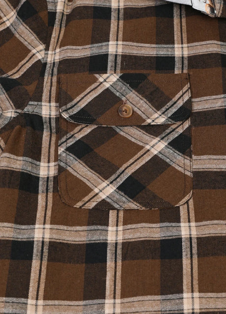 Close-up of the pocket of mocha men's button outdoor flannel shirt with hood