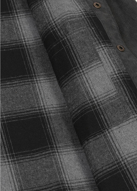 Detail of inside pocket on men's charcoa corduroy shirt jacket