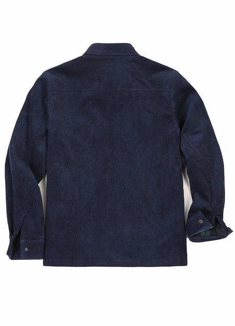 Back view of men's navy corduroy shirt jacket with flannel lining 