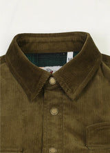 Zoomed-in of men's army green corduroy shirtjacket with cozy collar