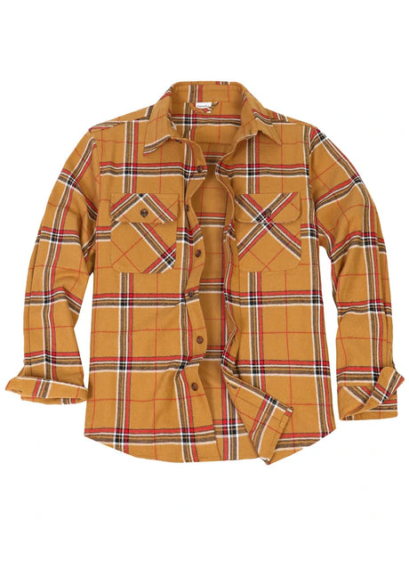 Front view of sunset plaid men's stalwart heavyweight flannel plaid shirt