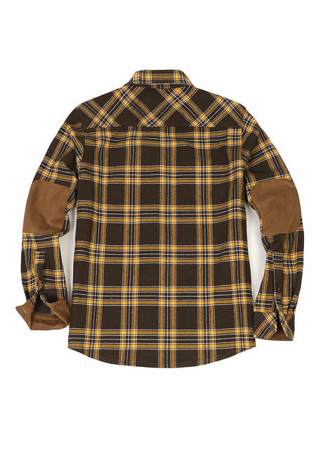 Back view of autumn gold men's rugged ridge flannel plaid shirt 