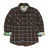 Front view of ebony truffle kids wildlife adventure flannel plaid shirt