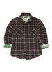 Front view of ebony truffle kids wildlife adventure flannel plaid shirt