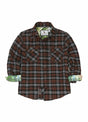 Front view of ebony truffle kids wildlife adventure flannel plaid shirt