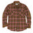 Front view of button closed copper fire men's rugged ridge plaid flannel shirt 