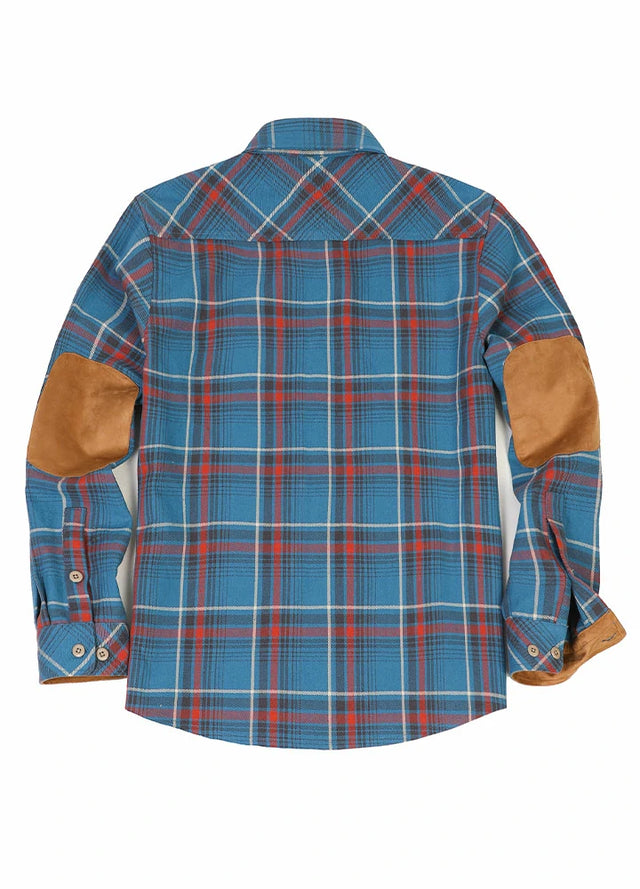 Back view of peacock blue men's rugged ridge flannel plaid shirt 