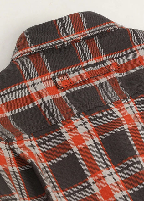 Close-up of back locker loop of misty dawn men's swingin' flannel plaid shirt