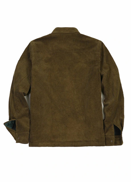 Back view of men's army green flannel lined corduroy shirt jacket