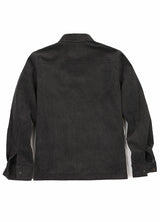 Back view of men's charcoal flannel lined corduroy shirt jacket