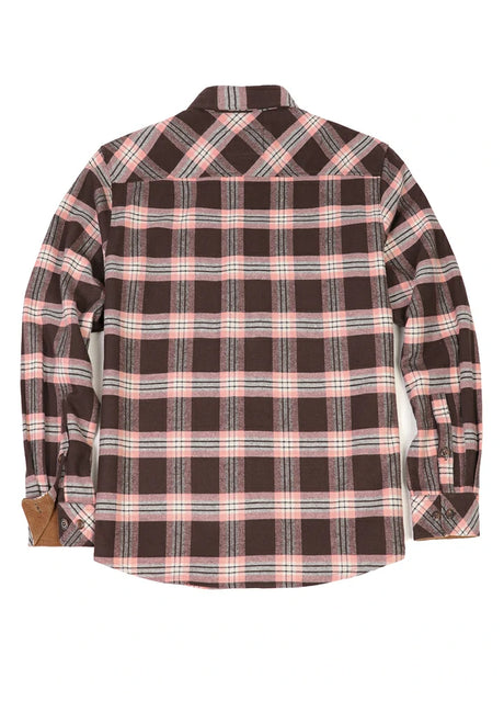 Back view of pink coffee men's timberline midweight cotton flannel shirt 