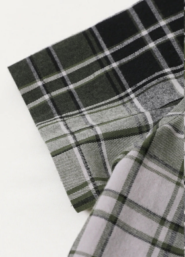 Zoomed-in view of short sleeve detail on kids flannel shirt