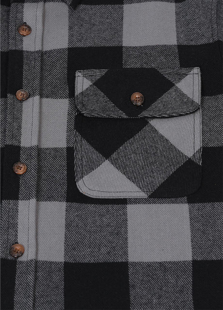 Detailed view of the pocket of gray men's outdoor cotton flannel shirt