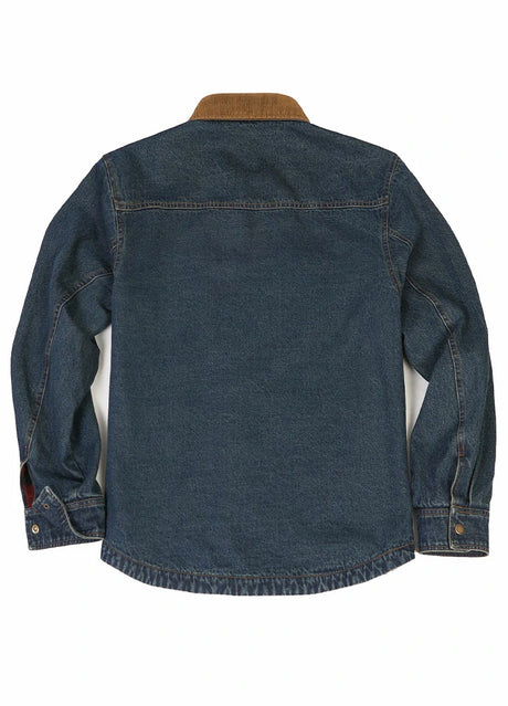 Back view of indigo men's durable denim shirt jacket