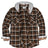 Front view of mocha men's wildlife adventure flannel plaid shirt with hood