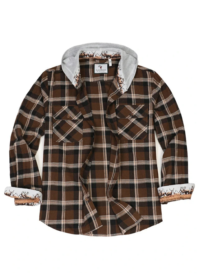 Front view of mocha men's wildlife adventure flannel plaid shirt with hood