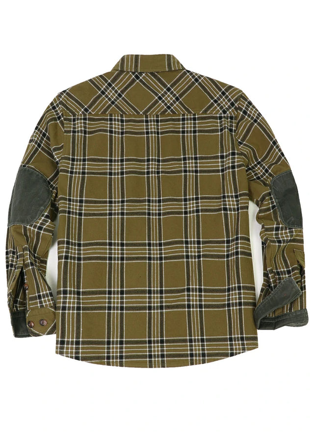 Back view of hunter green men's rugged ridge flannel plaid shirt 