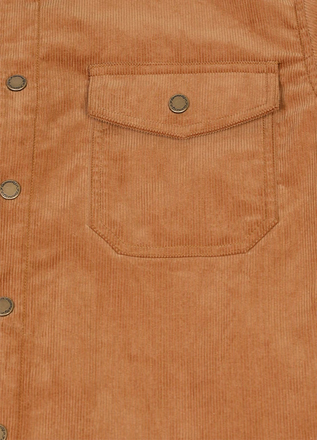 Close-up of snap-stud chest pockets on men's corduroy shirt jacket