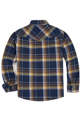 Back view of electric navy men's warm long sleeve western flannel shirt 