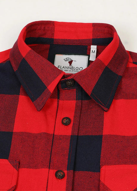 Close-up of lapel of ruby navy men's warm rugged stiff flannel plaid shirt