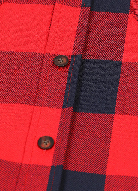 Close-up of the button of ruby navy men's stylish outdoor flannel plaid shirt