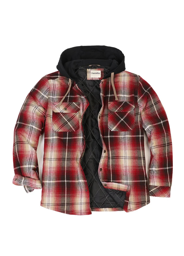 Front view of kids red hooded flannel shirt jacket