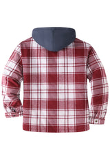 Back view of burgundy red men's cozy quilted lined plaid flannel shacket