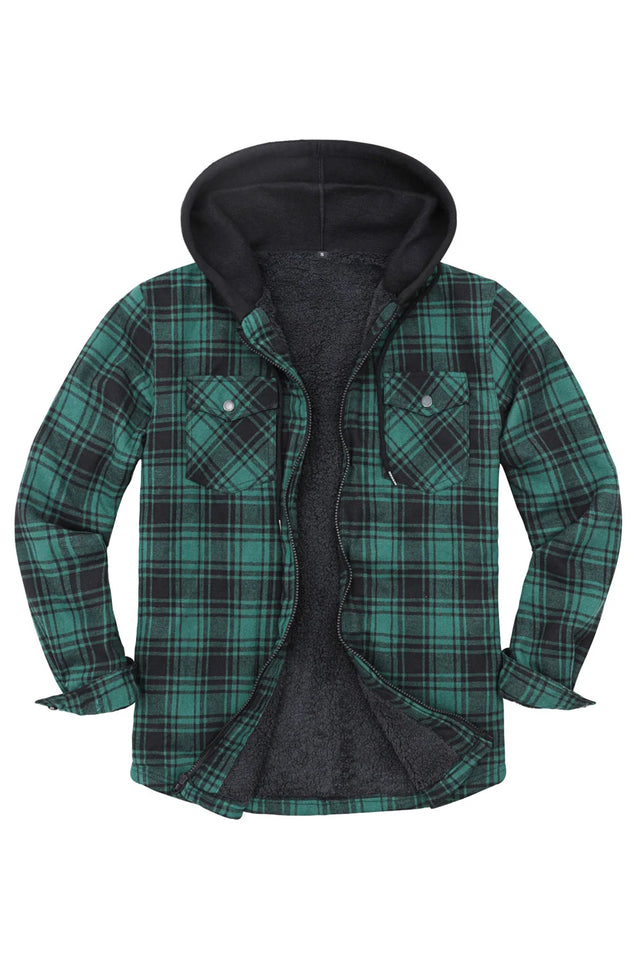 Men's Sherpa Lined Full Zip Up Plaid Flannel Hooded Jacket