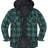 Front view of a men's green cozy flannel plaid jacket with hood