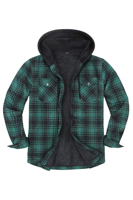 Front view of a men's green cozy flannel plaid jacket with hood