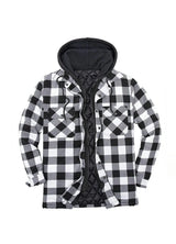 Front view of black white plaid men's thicken plaid hooded flannel shirt jacket