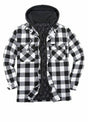 Front view of black white plaid men's thicken plaid hooded flannel shirt jacket