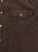 Close-up of snap-stud chest pockets on chocolate corduroy shirt jacket