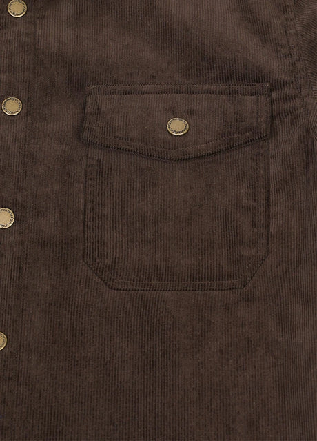 Close-up of snap-stud chest pockets on chocolate corduroy shirt jacket