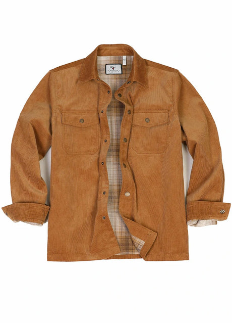 Front view of men's walnut flannel lined corduroy shirt jacket