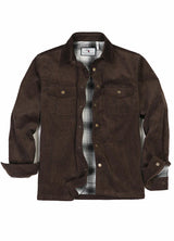 Front view of men's chocolate flannel lined corduroy shirt jacket