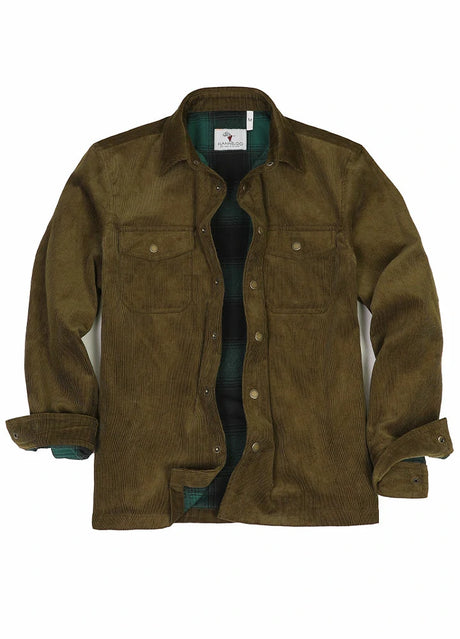 Front view of men's army green flannel lined corduroy shirt jacket