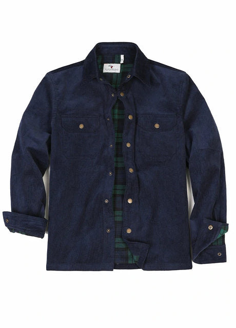 Front view of men's navy flannel lined corduroy shirt jacket