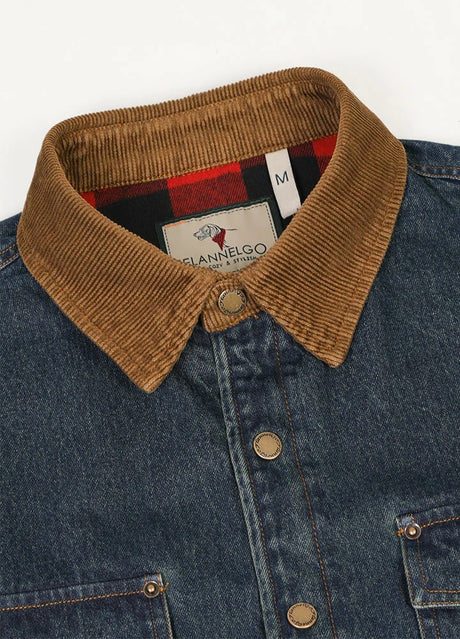 Close-up of the lapel of indigo men's denim workwear flannel lined shacket