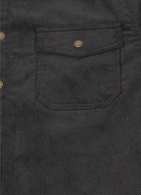 Close-up of men's charcoa corduroy shirt jacket with snap-stud chest pockets